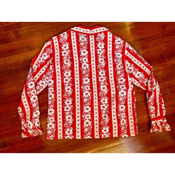 Vintage 60s Lady Marlboro Red White Floral Western Boho Long Sleeve Blouse Small - Picture 2 of 8